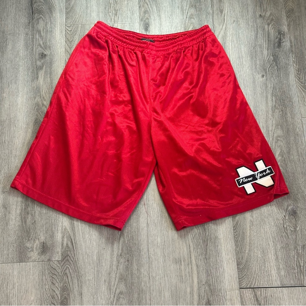 Vintage Barcode Shorts Mens XL Red Mesh New‎ York Patch Basketball Russia Baggy